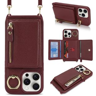For iPhone 15 Pro Crossbody Zipper Wallet Ring Holder Litchi Leather Phone Case(Red wine)