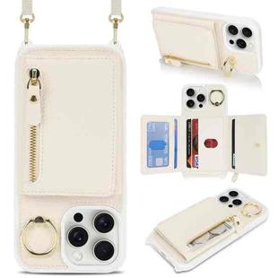 For iPhone 15 Pro Max Crossbody Zipper Wallet Ring Holder Litchi Leather Phone Case(Apricot)