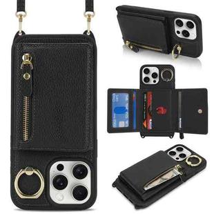 For iPhone 15 Pro Max Crossbody Zipper Wallet Ring Holder Litchi Leather Phone Case(Black)