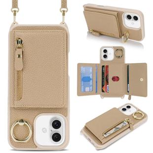 For iPhone 16 Crossbody Zipper Wallet Ring Holder Litchi Leather Phone Case(Rose Gold)