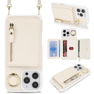 For iPhone 16 Pro Crossbody Zipper Wallet Ring Holder Litchi Leather Phone Case(Apricot)