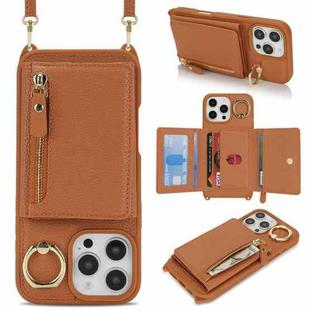 For iPhone 16 Pro Crossbody Zipper Wallet Ring Holder Litchi Leather Phone Case(Brown)