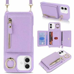 For iPhone 16 Plus Crossbody Zipper Wallet Ring Holder Litchi Leather Phone Case(Purple)