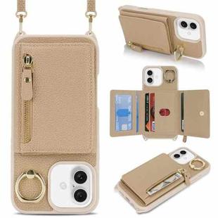 For iPhone 16 Plus Crossbody Zipper Wallet Ring Holder Litchi Leather Phone Case(Rose Gold)