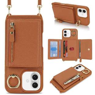 For iPhone 16 Plus Crossbody Zipper Wallet Ring Holder Litchi Leather Phone Case(Brown)