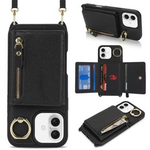 For iPhone 16 Plus Crossbody Zipper Wallet Ring Holder Litchi Leather Phone Case(Black)