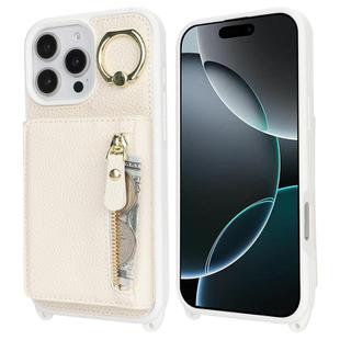 For iPhone 16 Pro Max Crossbody Zipper Wallet Ring Holder Litchi Leather Phone Case(Apricot)