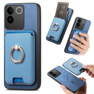 For vivo S20 Pro Retro Cross Leather Ring Vertical Insert Card Bag MagSafe Phone Case(Blue)