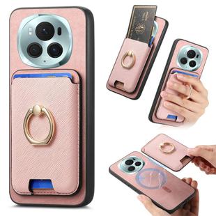 For Honor Magic6 Pro 5G Retro Cross Leather Ring Vertical Insert Card Bag MagSafe Phone Case(Pink)