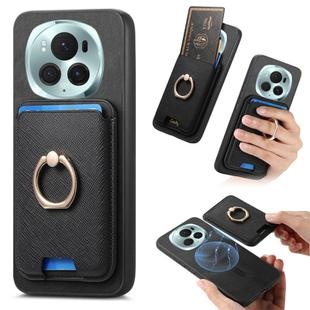 For Honor Magic6 Pro 5G Retro Cross Leather Ring Vertical Insert Card Bag MagSafe Phone Case(Black)