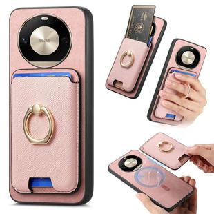 For Honor X50 Pro 5G Retro Cross Leather Ring Vertical Insert Card Bag MagSafe Phone Case(Pink)