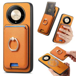 For Honor X9b / Magic6 Lite Retro Cross Leather Ring Vertical Insert Card Bag MagSafe Phone Case(Yellow)