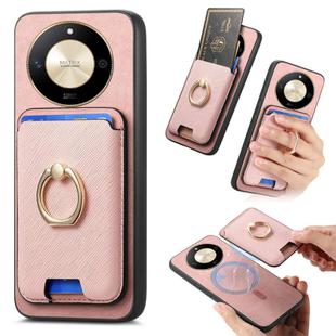 For Honor X50 Retro Cross Leather Ring Vertical Insert Card Bag MagSafe Phone Case(Pink)