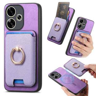 For Redmi Turbo 3 5G Retro Cross Leather Ring Vertical Insert Card Bag MagSafe Phone Case(Purple)