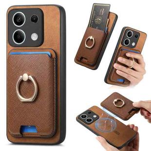 For Redmi Note 13 5G Retro Cross Leather Ring Vertical Insert Card Bag MagSafe Phone Case(Brown)