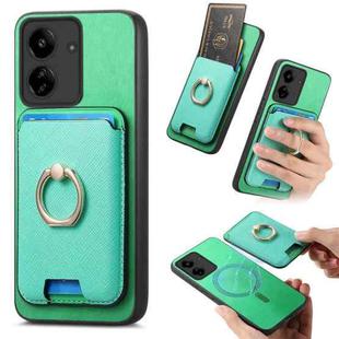 For Redmi 13C / Poco C65 Retro Cross Leather Ring Vertical Insert Card Bag MagSafe Phone Case(Green)