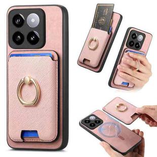 For Xiaomi 14 5G Retro Cross Leather Ring Vertical Insert Card Bag MagSafe Phone Case(Pink)