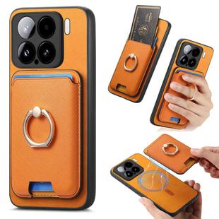For Xiaomi 15 Retro Cross Leather Ring Vertical Insert Card Bag MagSafe Phone Case(Yellow)