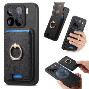 For Xiaomi 15 Pro Retro Cross Leather Ring Vertical Insert Card Bag MagSafe Phone Case(Black)