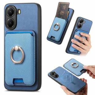 For Xiaomi Poco X7 Pro Retro Cross Leather Ring Vertical Insert Card Bag MagSafe Phone Case(Blue)