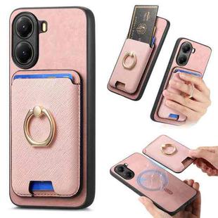 For Xiaomi Poco X7 Pro Retro Cross Leather Ring Vertical Insert Card Bag MagSafe Phone Case(Pink)
