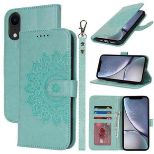 For iPhone XR Double Fold Printed Embossing Leather Phone Case(Mint Green)