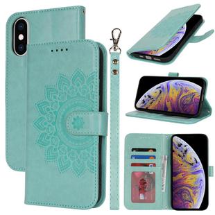 For iPhone XS Max Double Fold Printed Embossing Leather Phone Case(Mint Green)