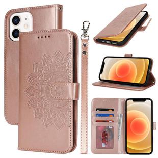For iPhone 12 mini Double Fold Printed Embossing Leather Phone Case(Rose Gold)