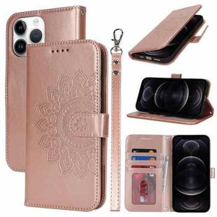 For iPhone 12 / 12 Pro Double Fold Printed Embossing Leather Phone Case(Rose Gold)