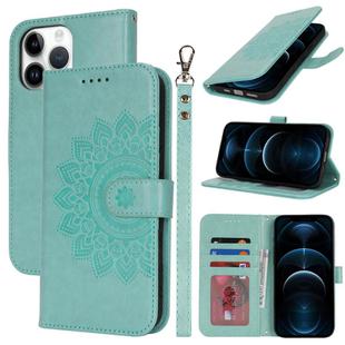 For iPhone 12 Pro Max Double Fold Printed Embossing Leather Phone Case(Mint Green)