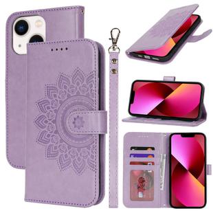 For iPhone 13 Double Fold Printed Embossing Leather Phone Case(Purple)