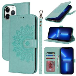 For iPhone 13 Pro Double Fold Printed Embossing Leather Phone Case(Mint Green)