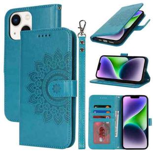 For iPnone 14 Double Fold Printed Embossing Leather Phone Case(Blue)