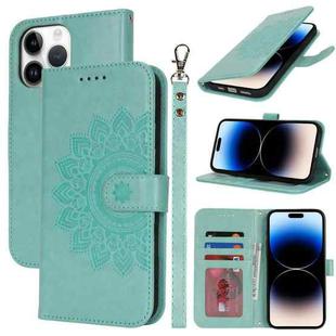 For iPhone 14 Pro Double Fold Printed Embossing Leather Phone Case(Mint Green)