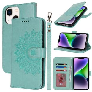 For iPhone 14 Plus Double Fold Printed Embossing Leather Phone Case(Mint Green)