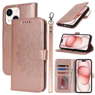 For iPhone 15 Plus Double Fold Printed Embossing Leather Phone Case(Rose Gold)