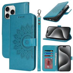 For iPhone 15 Pro Max Double Fold Printed Embossing Leather Phone Case(Blue)