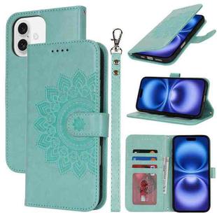 For iPhone 16 Double Fold Printed Embossing Leather Phone Case(Mint Green)
