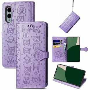 For Fujitsu Arrows We2 / F-52E Cat and Dog Embossed Leather Phone Case(Purple)