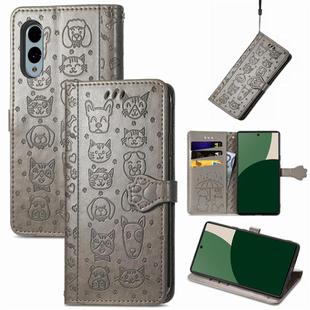 For Fujitsu Arrows We2 / F-52E Cat and Dog Embossed Leather Phone Case(Gray)