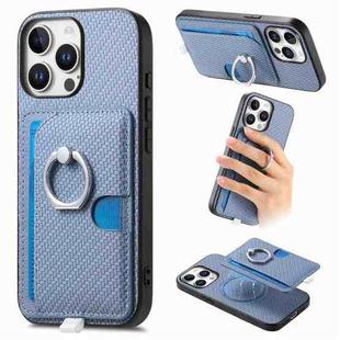 For iPhone 15 Pro Max Carbon Fiber Ring Side Insert Card Bag MagSafe Phone Case(Blue)