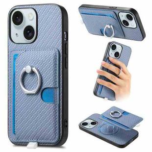 For iPhone 15 Plus Carbon Fiber Ring Side Insert Card Bag MagSafe Phone Case(Blue)