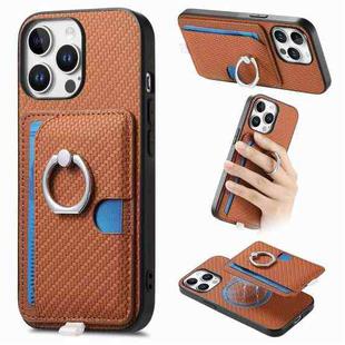 For iPhone 13 Pro Max Carbon Fiber Ring Side Insert Card Bag MagSafe Phone Case(Brown)