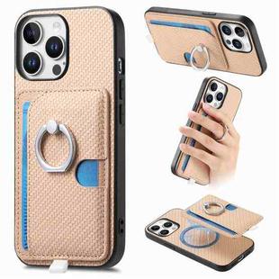 For iPhone 13 Pro Max Carbon Fiber Ring Side Insert Card Bag MagSafe Phone Case(Khaki)