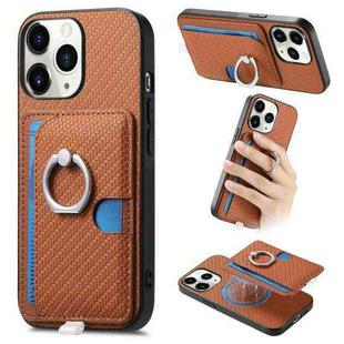 For iPhone 11 Pro Max Carbon Fiber Ring Side Insert Card Bag MagSafe Phone Case(Brown)