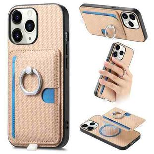 For iPhone 11 Pro Max Carbon Fiber Ring Side Insert Card Bag MagSafe Phone Case(Khaki)