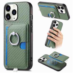 For iPhone 11 Pro Max Carbon Fiber Ring Side Insert Card Bag MagSafe Phone Case(Green)