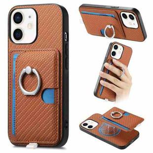 For iPhone 11 Carbon Fiber Ring Side Insert Card Bag MagSafe Phone Case(Brown)