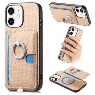 For iPhone 11 Carbon Fiber Ring Side Insert Card Bag MagSafe Phone Case(Khaki)
