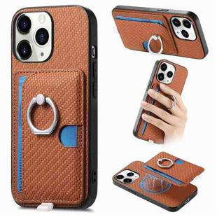 For iPhone 11 Pro Carbon Fiber Ring Side Insert Card Bag MagSafe Phone Case(Brown)